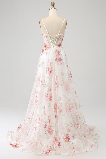 Avorio Fiore Ricamato Corsetto Lungo Abito da ballo con Fessura